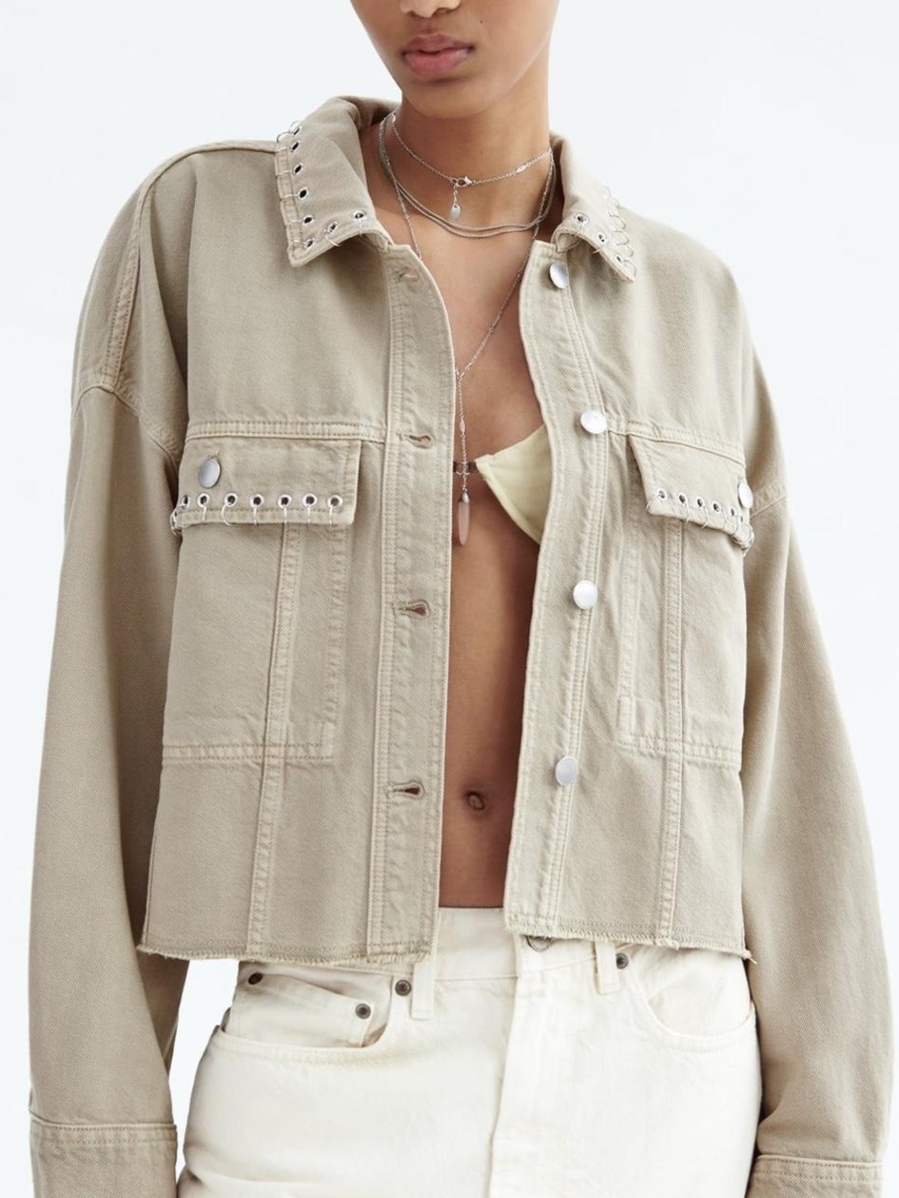 Zara Beige Eyelet-Trim Cropped Denim Jacket - Women